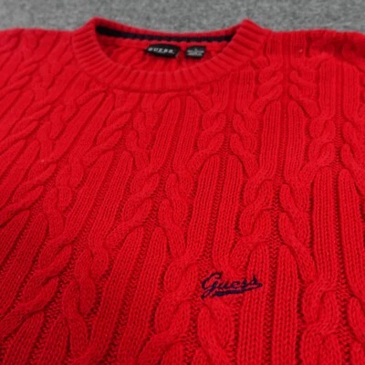 Vintage Guess Sweater Mens L Red Cable Knit Crew Neck Pullover 90s Logo 13214 - Image 1 of 4
