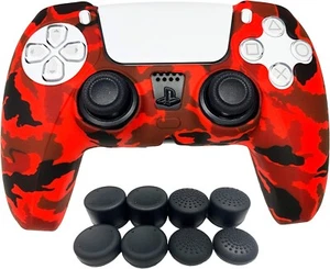 PS5 Controller Skin | Silicone Protector Cover Skin - Camo Red + 8 Grip Caps - Picture 1 of 4
