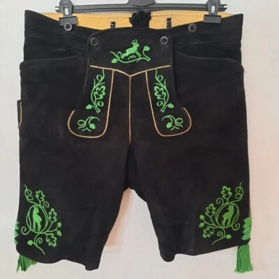 Schwarze Lederhose mit grünen Stickereien aus echtem Leder Gr. 110 / 54 - Bild 1 von 4
