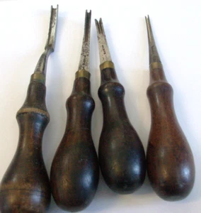 4 Vintage Gomph Wood Handle Leather Working Tools - Edgers / Gouge? - Picture 1 of 4