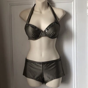 Next Khaki schimmerndes Pailletten Bikini Oberteil 34c und Shorts Größe 12 - Bild 1 von 7