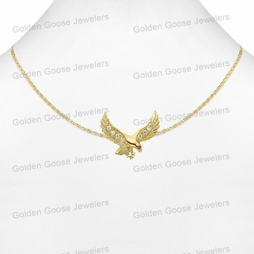 Ciondolo in vero oro giallo 14 kt unisex zirconi uccellino aquila con catena Valentino