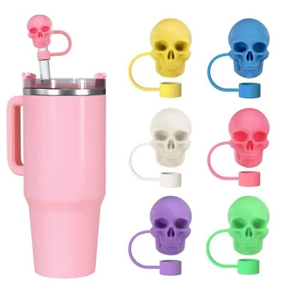 Cubierta de paja de calavera de 6 piezas para taza Stanley, cubierta de paja de silicona de calavera de color mezclado Foto 1 de 4