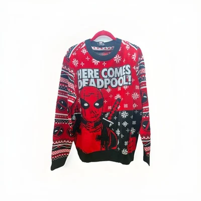 Праздничный уродливый рождественский свитер Marvel Here Comes Deadpool размер M бесплатная доставка! - Изображение 1 из 4
