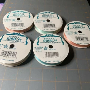 Vintage Lot of 5 Offray Spool O' Ribbon Pink, Blue, Cream & Aqua - Picture 1 of 2