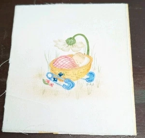 Vintage Velvet Picture 6.25x5.5", Infant In Basket, By PAJ - P. Jasmin W563 - Picture 1 of 2