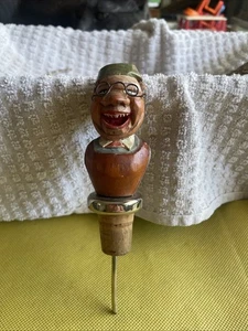 Man Cork Bottle Stopper Hand Carved Wood - Picture 1 of 17