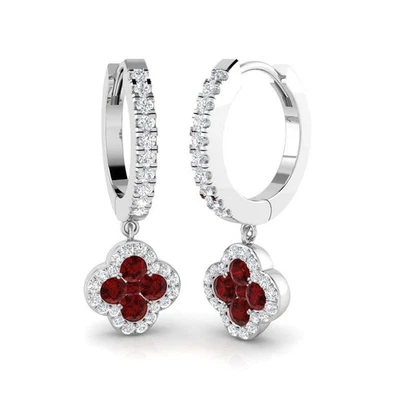 Best Offer 1.00Ct 100% Natural Ruby & Diamonds Hoop Earrings In 18K White Gold - Image 1 of 4
