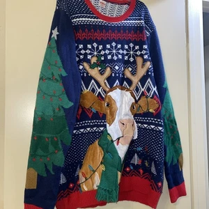 Holiday Time Mens Cow Reindeer Ugly Christmas Sweater Size L Blue Depths - Picture 1 of 5