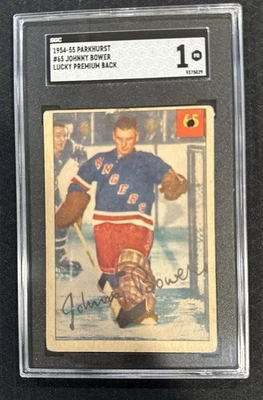 Parkhurst Johnny Bower Lucky Premium Back 1954-55 SGC 1 #65 Rangers Foto 1 de 2
