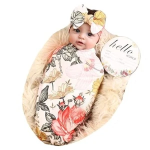 Newborn Receiving Blanket Headband Set Flower Print Baby Swaddle Blankets - Picture 1 of 7
