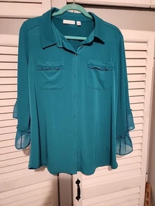 Susan Graver Liquid Knit TEAL BUTTON UP LOVELY BLOUSE VGUC~ SIZE LARGE - Picture 1 of 8