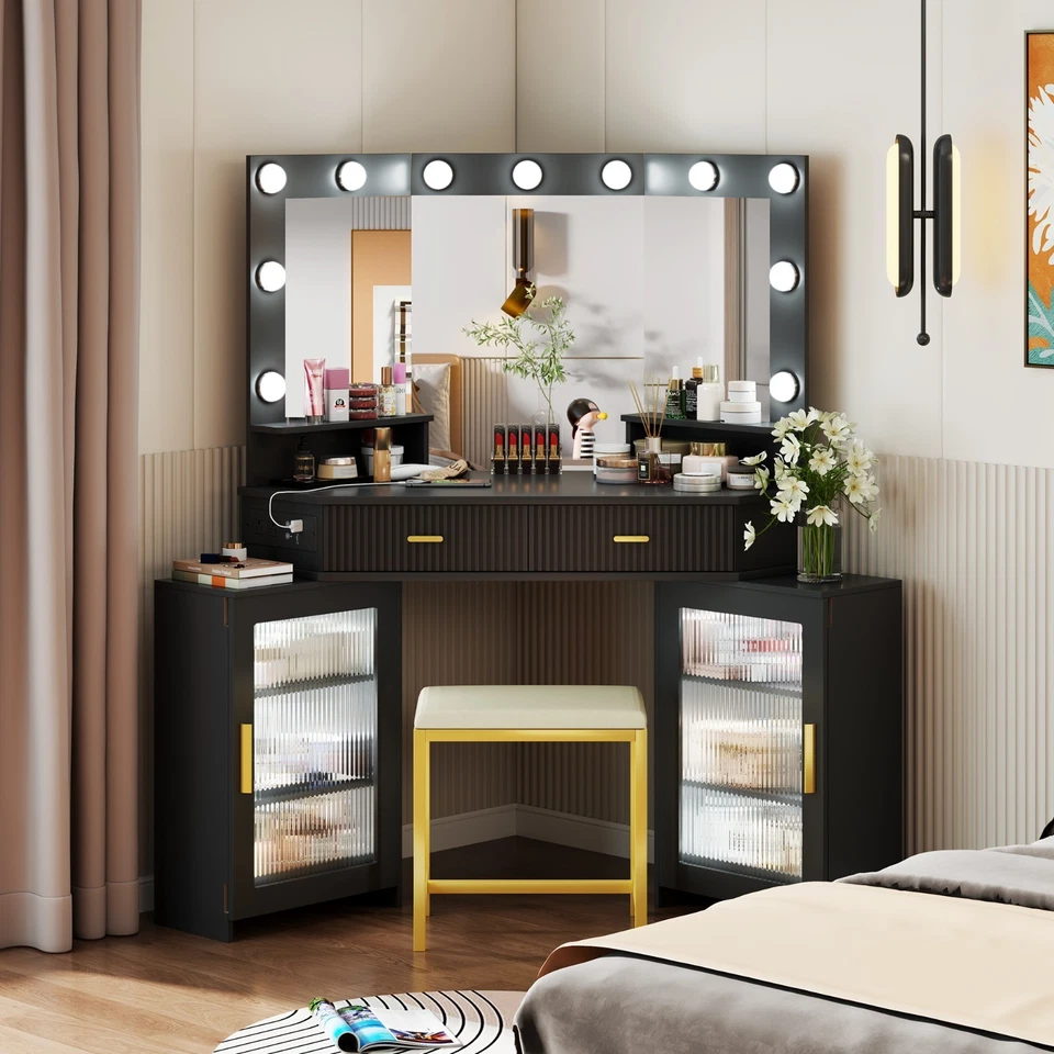 Juego de tocador de maquillaje de esquina con espejo y armarios, tocador escritorio con luces LED Foto 1 de 1