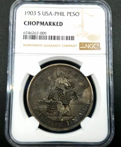 San Francisco Peso 1903 S Large Insular Government Philippines Chopmarked NGC ! - Picture 1 of 4