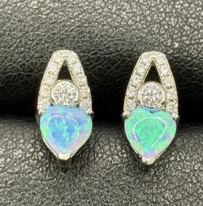 Excellent Used Condition Sterling Silver Lab Blue Opal Stud Earrings W16 - Picture 1 of 8
