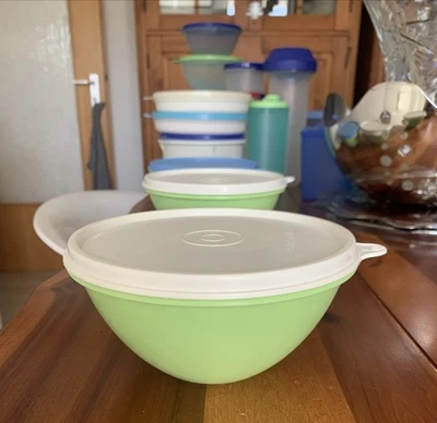 Tupperware Schüssel mit Deckel ,weiß /Apfelgrün,Ø15cm.x 8cm.H Pro.Stück - Bild 1 von 4