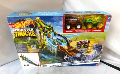 Hot Wheels Monster Trucks Wreckin' Raceway Track Playset Bigfoot Gunkster - NEW - Image 1 of 4