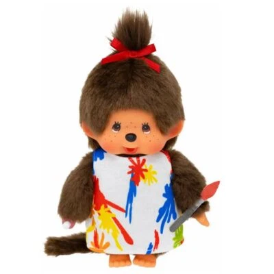SEKIGUCHI Mädchen im Malerin-Kleid mit Zopf | 20 cm Monchhichi Puppe | Fashion