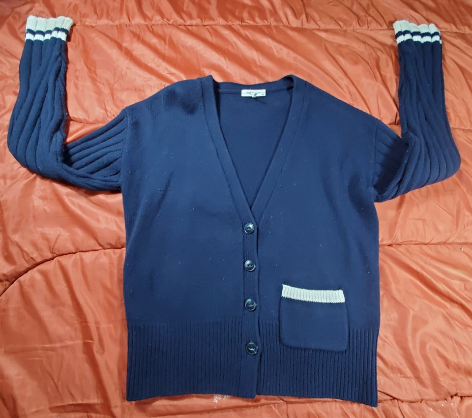 RAG & BONE Navy & White Serena Button Front V-Neck Cardigan Sweater MEDIUM $295 - Image 1 of 4