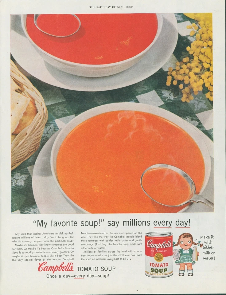 1955 Campbells Tomato Soup Tablecloth Crackers Basket Spoon Print Ad SP22 - Image 1 of 1