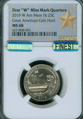 2019 W AMERICAN MEMORIAL QUARTER MS68 MAC FINEST & SPOTLESS VERY RARE . - Image 1 of 2