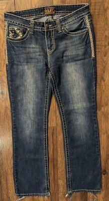 Cowgirl вверх женщин джинсовой ткани синий Jean размер 31 x 34 искусственно состаренный кромки Bootcut эластичный - Изображение 1 из 4
