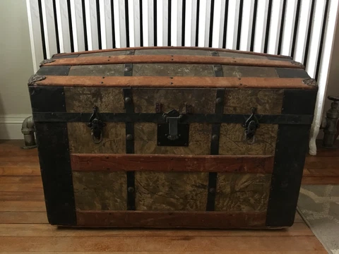 Antique Victorian Steamer Trunk Dome Top Original Insert Wood Embossed Metal Cover