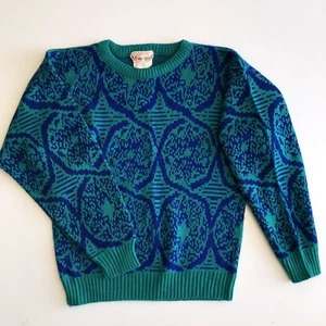 Knitcraft Canada Children's 90s Pullover Knit Sweater Vtg Teal/Blue Pattern - Picture 1 of 6