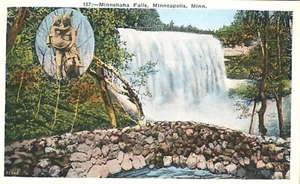 Minnehaha Falls Inset of Song of Hiawatha Statue Minneapolis Minnesota Postcard - Imagen 1 de 2