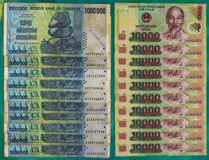 10 x 1 Million Dollars Zimbabwe + 10 x 10,000 Dong Vietnam 100% Authentic w/ COA - Picture 1 of 5