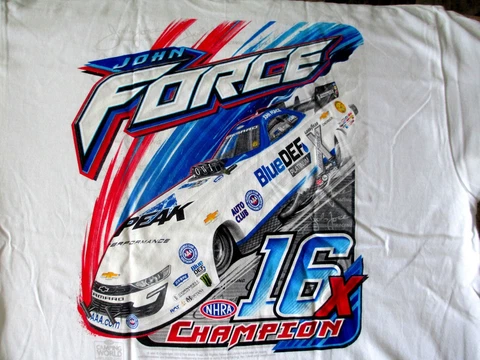 NEW 16x Champion, John Force NHRA Blue Def Funny Car Drag Racing Shirt Size 2XL Cover