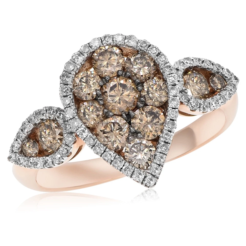 14K ROSE GOLD PAVE DIAMOND BROWN CHAMPAGNE COGNAC PEAR ENGAGEMENT CLUSTER RING - Image 1 of 1