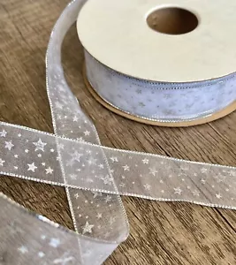 7/8” White Organza Sheer Ribbon w/ Metallic Silver Stars & Edges Spool 25 yds - Picture 1 of 3