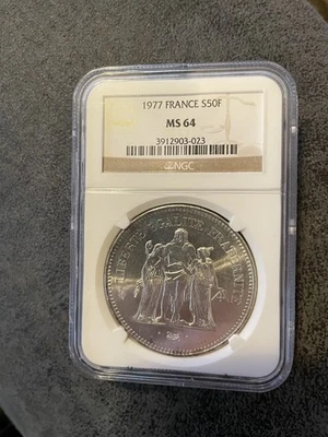 Moneda de plata Francia 1977 50 francos MS64 NGC etiqueta marrón Foto 1 de 3