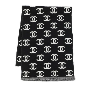 CHANEL Reversible CC Logo Scarf Wool 92%/Cashmere8% Black/White AA7067 - Picture 1 of 8