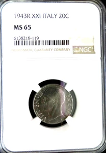 NGC MS65-Italy 1943R XXI Emanuele III 20 Centesimi GEMBU - No US Addresses Send - Picture 1 of 4