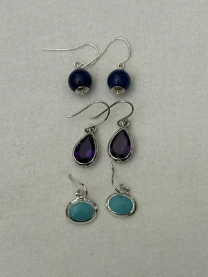 Modern 925 Sterling Silvr Turquoise Amethyst Lapis Ball Dangle Earring Lot 11.5g - Image 1 of 4