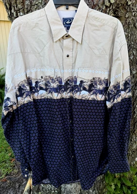 Roper Mens XL Shirt Pearl Snap Running Horses Border Print Western Rodeo Cowboy! - Image 1 of 4