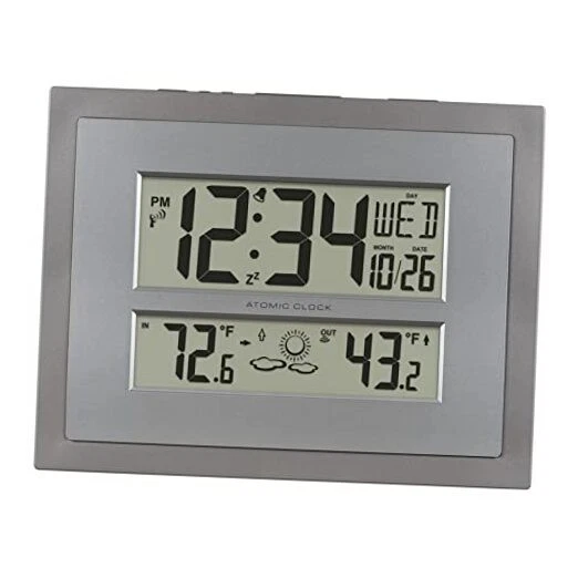 512-85937-INT Atomic Digital Wall Clock with Temperature & Forecast in Gray/S...
