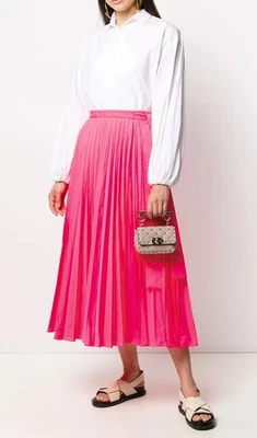 *VALENTINO* Falda midi plisada rosa con lazo en la cintura NUEVA CON ETIQUETAS US 2/IT 38 Foto 1 de 4