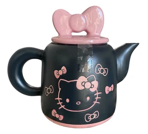Hello Kitty Keramik Teekanne schwarz rosa Schleife Deckel 7" mattes Finish Sanrio Sammlerstück - Bild 1 von 8