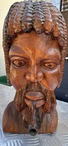 GROSSER handgeschnitzter Holzkopf Gesicht 16"" HOCH Rasta Man mit Pfeife - Bild 1 von 3