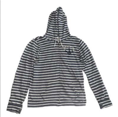 OBEY Women's Hoodie Grey & White Striped Heart Chain Anchor  Full Zip - Size L - Image 1 of 3