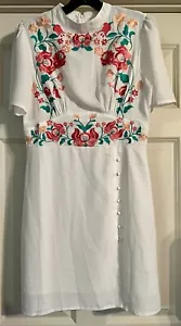 $68 ASOS Bohemian Embroidered White Button Skirt Size 8 Short Sleeve High Neck - Picture 1 of 18