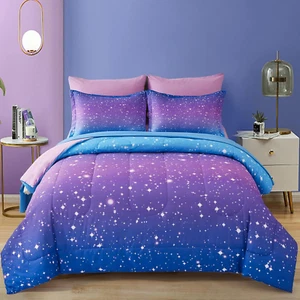 Girls Comforter Set Twin Size 6 Pieces Bed in a Bag Ombre Blue Purple Rainbow Be - Picture 1 of 7