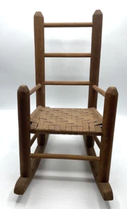 Wooden Doll Rocking Chair with Handmade Woven Seat and Ladder Back Vintage 15" - Picture 1 of 10