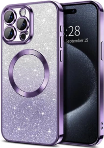 Coque iPhone 15 Pro Max transparente magnétique paillettes téléphone violet - Photo 1 sur 6