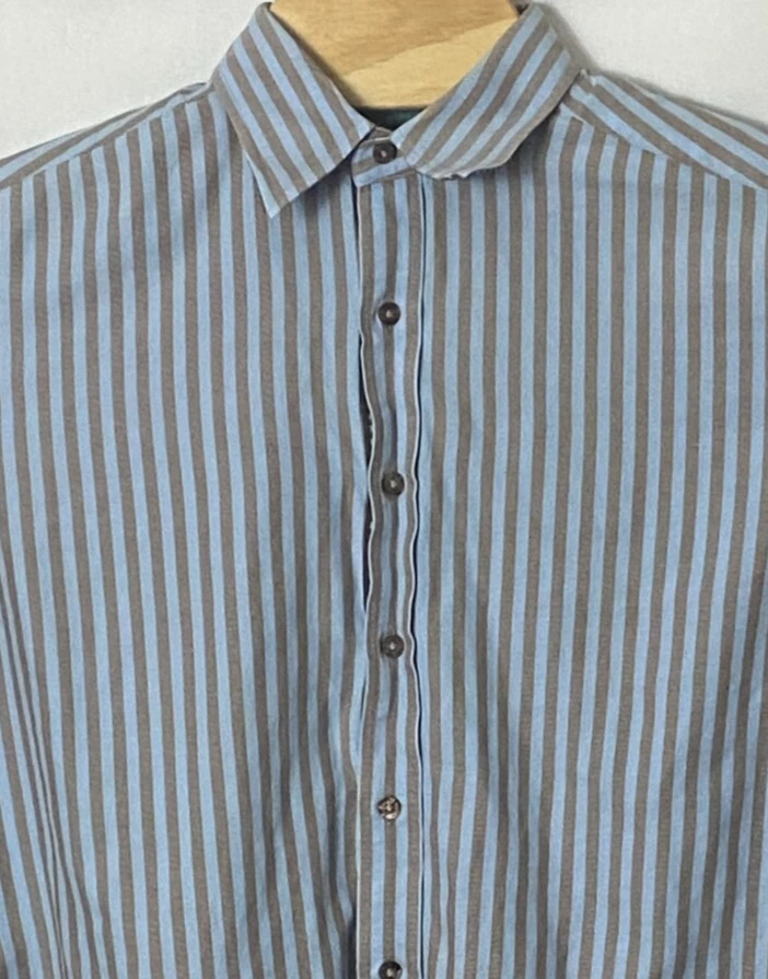 Robert Graham Mens Shirt L Blue Brown Stripes Flip Cuffs & Collar Long Sleeve - Image 1 of 4