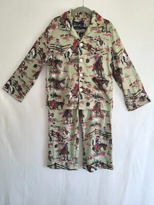 Vintage Nick & Nora Pajamas Kids Western Green Cowboy Print 2 Piece Kurt Cobain - Picture 1 of 12