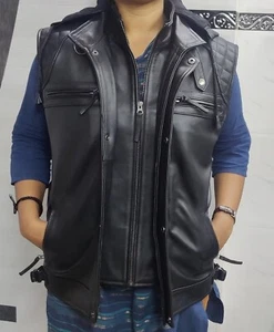 Women's Lambskin Black Leather Vest, Club & Party Vest with Removable Hoodie - Picture 1 of 10